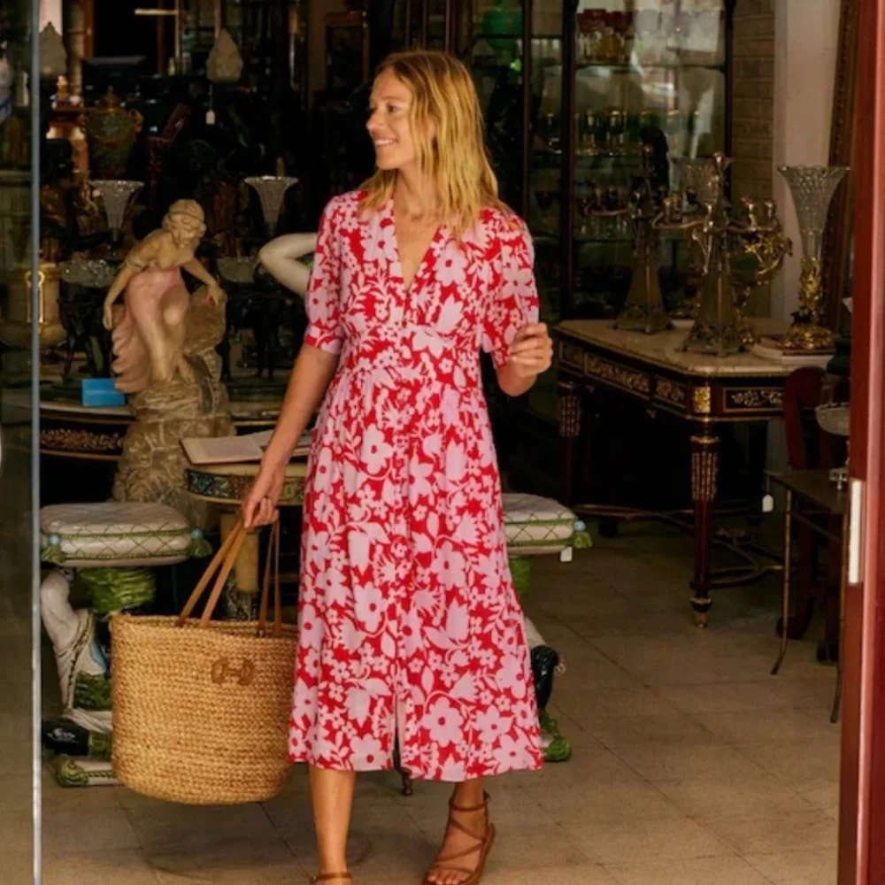 NWT Boden Elsa Crinkle Midi Tea Dress in Flame Scarlet, Tulip Garden US 12R - Picture 1 of 6